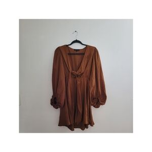Wishlist Apparel Brown Satin Front Tie Long Sleeve Mini Dress